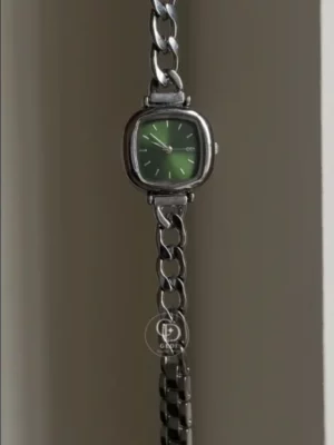 Emerald Green Dial Ladies Watch Minimalist Silver Square Face Watch for Women
