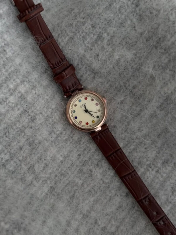 Colorful Round Face Brown Leather Watch for Ladies