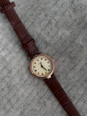 Colorful Round Face Brown Leather Watch for Ladies