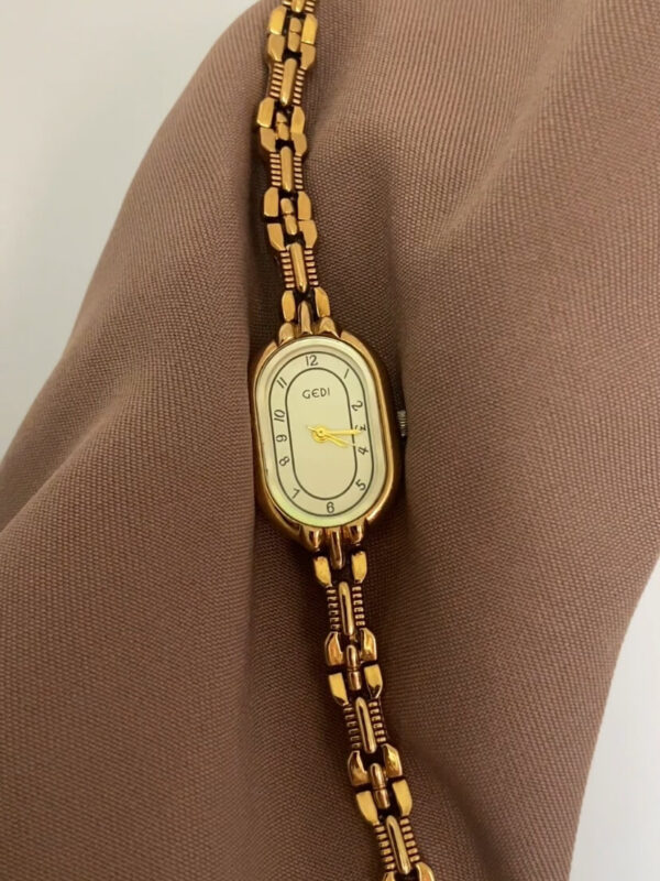 Minimalist Beige/Blue Oval Face Gold Bracelet Watch