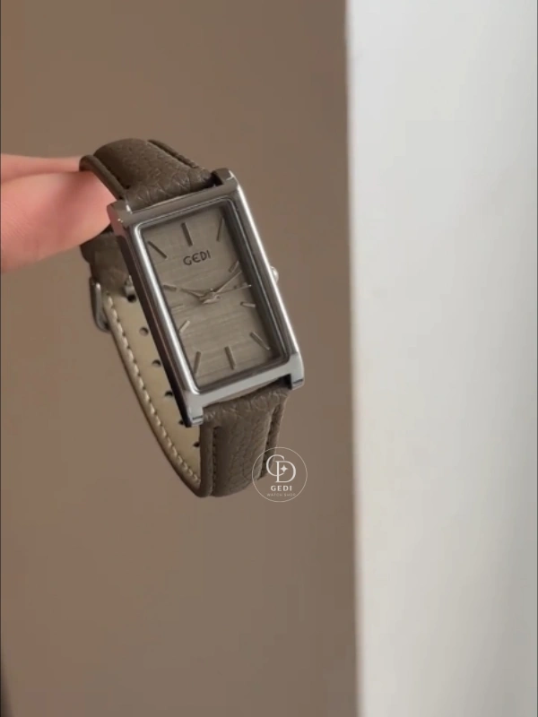 Dainty Rectangular Face Ladies Watch Grey Leather Watch for Women
