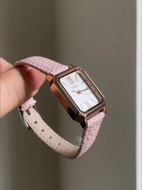 Dainty Pink Leather Strap Ladies Watch Classic Rectangle Face Roman Numeral Watch for Women