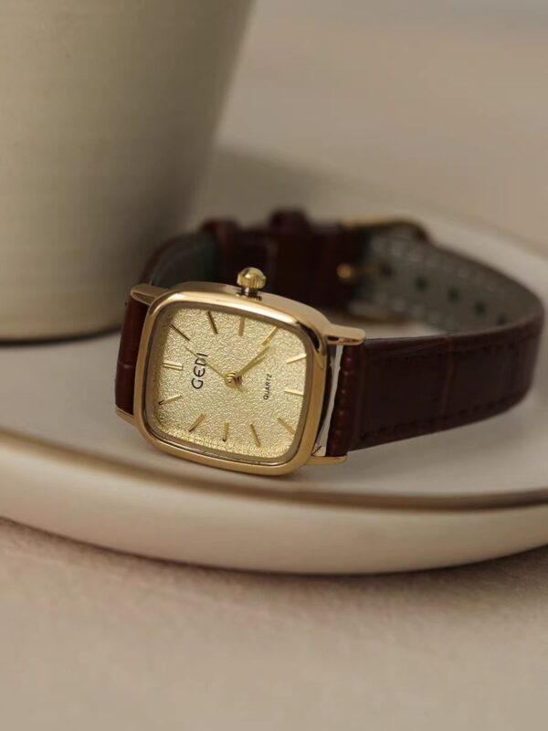 Vintage Style Gold Square Face Black/Brown Leather Watch