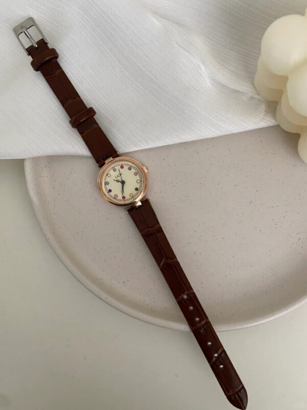 Colorful Round Face Brown Leather Watch for Ladies