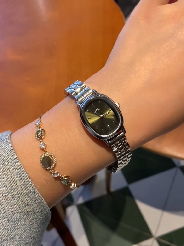 Minimalist Emerald Green Oval Face Silver Bracelet Watch