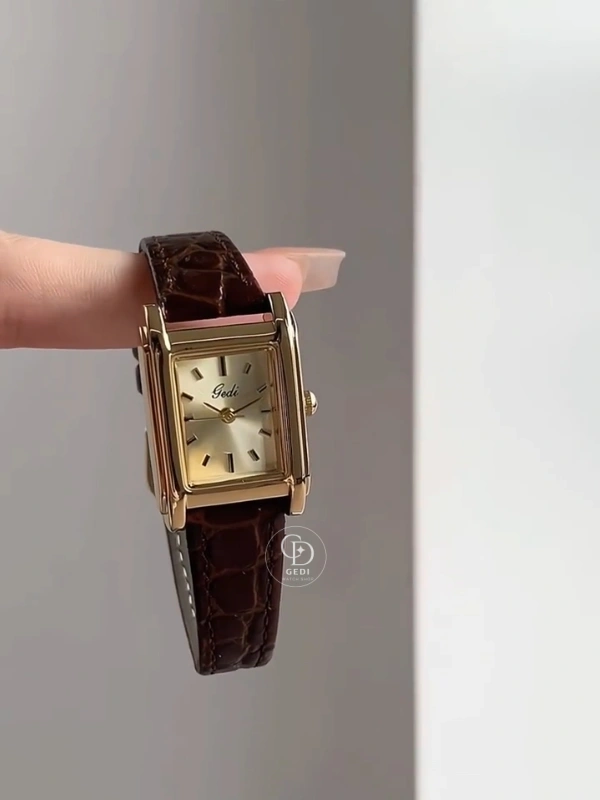 Classic Gold Dial Ladies Watch Rectangular Face Brown Leather Watch for Women