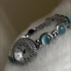 Vintage-Inspired Blue Cats' Eye Stone Bracelet Watch for Women Silver Roman Numeral Ladies Watch
