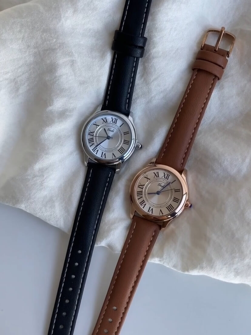 Classic Brown/Black Round Genuine Leather Women's Watch