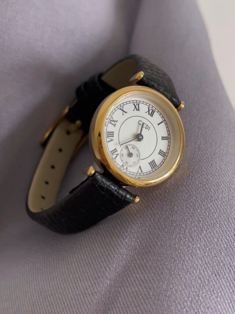Gold Round Face Black/Grey/Orange Leather Watch