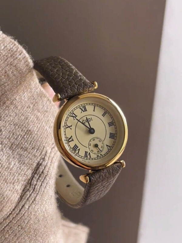 Gold Round Face Black/Grey/Orange Leather Watch