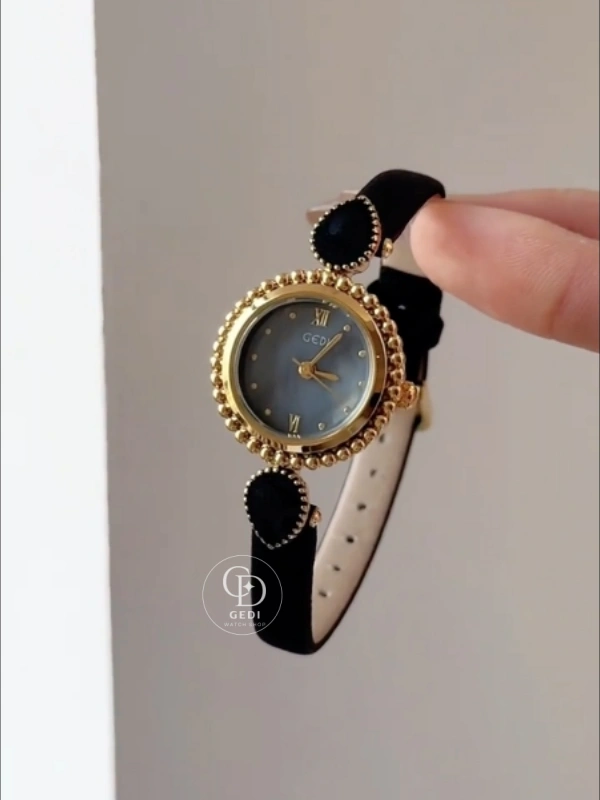 Retro Blue Mother of Pearl Dial Watch for Women Black Leather Strap Ladies Watch