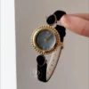 Retro Blue Mother of Pearl Dial Watch for Women Black Leather Strap Ladies Watch