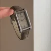 Dainty Rectangular Face Ladies Watch Grey Leather Watch for Women