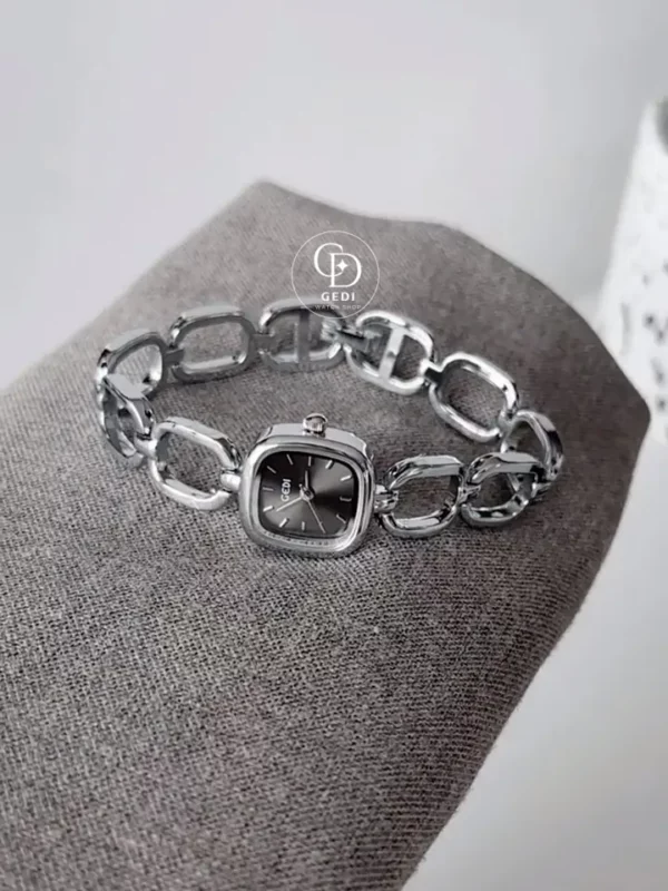 Minimalist Black Dial Silver Square Watch for Women