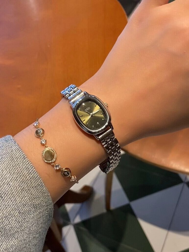 Minimalist Emerald Green Oval Face Silver Bracelet Watch