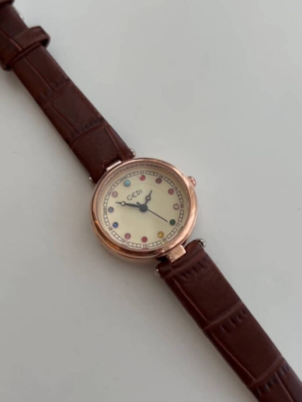 Colorful Round Face Brown Leather Watch for Ladies