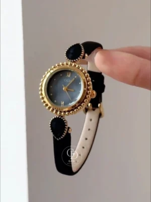Retro Blue Mother of Pearl Dial Watch for Women Black Leather Strap Ladies Watch