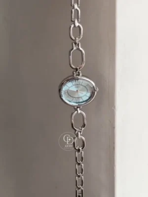 Minimalist Blue Roman Numeral Dial Watch for Women Oval Face Silver Bracelet Ladies Watch