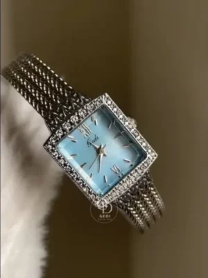 Vintage-inspired Blue Dial Ladies Watch Square Face Mesh Bracelet Watch for Women