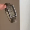 Dainty Rectangular Face Ladies Watch Grey Leather Watch for Women