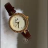 Retro Gold Round Dial Watch for Women Brown Leather Strap Ladies Watch