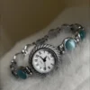 Vintage-Inspired Blue Cats' Eye Stone Bracelet Watch for Women Silver Roman Numeral Ladies Watch