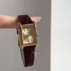 Classic Gold Dial Ladies Watch Rectangular Face Brown Leather Watch for Women