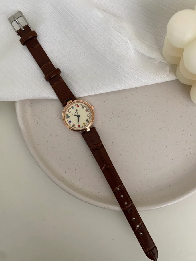 Colorful Round Face Brown Leather Watch for Ladies