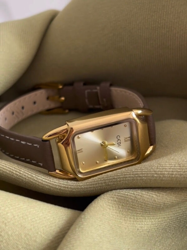 Minimalist Gold Rectangle Orange/Grey Genuine Leather Watch