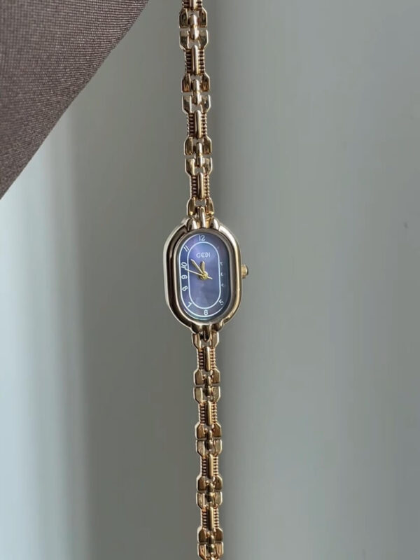 Minimalist Beige/Blue Oval Face Gold Bracelet Watch