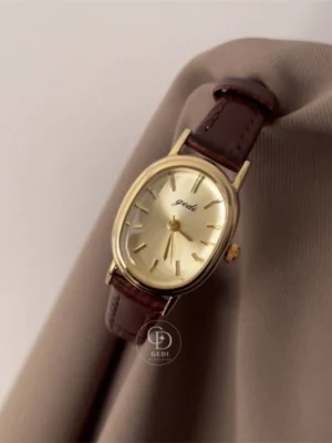 Vintage Oval Gold/Silver Face Black/Brown Leather Watch