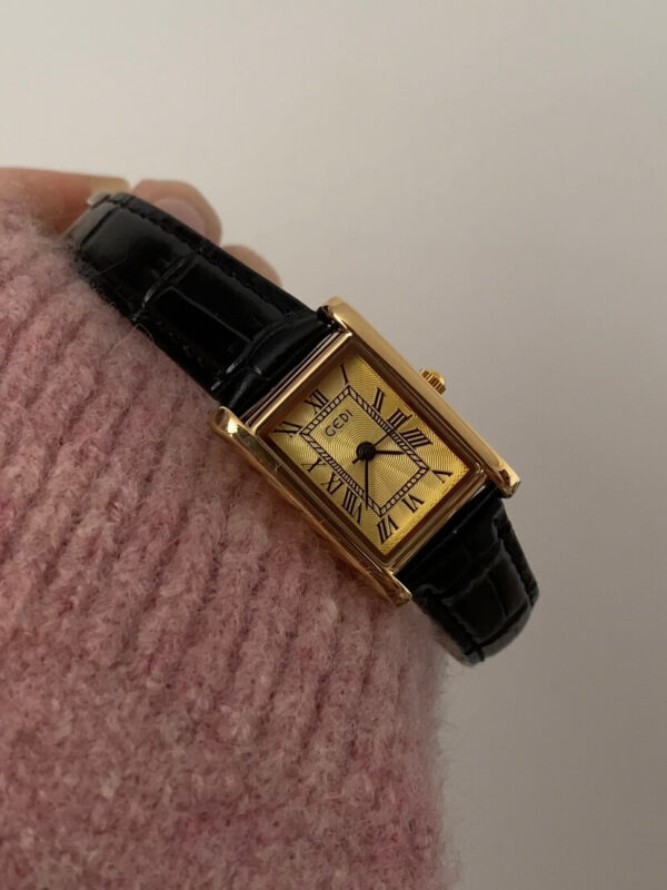 Vintage Rectangle Beige Face Brown/Black Leather Watch