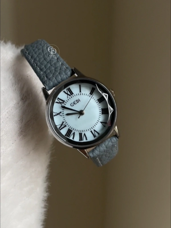 Dainty Blue Leather Strap Ladies Watch Classic Round Face Roman Numeral Watch for Women
