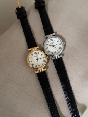 Classic Gold/Silver Round Face Balck Leather Watch