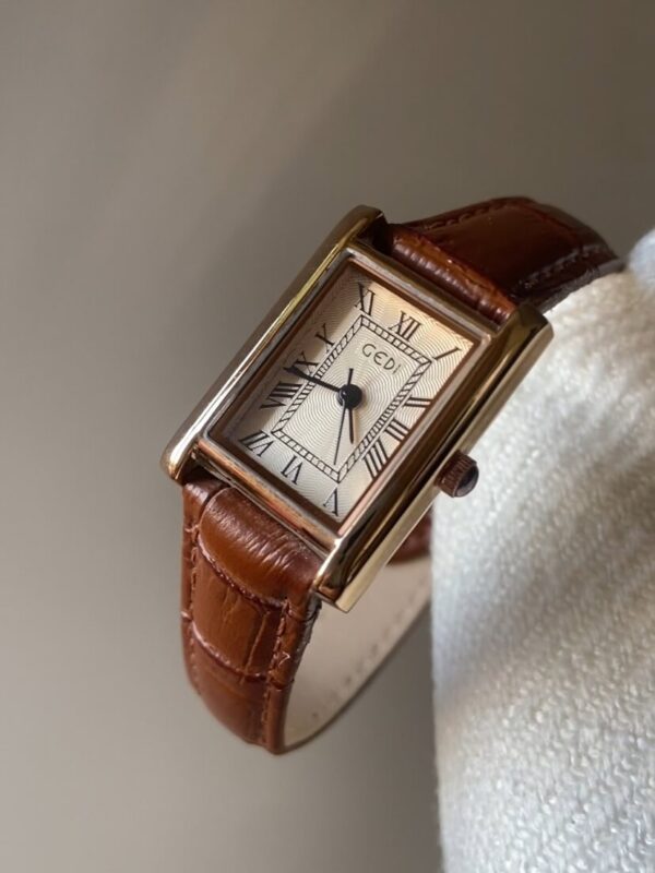 Vintage Rectangle Beige Face Brown/Black Leather Watch