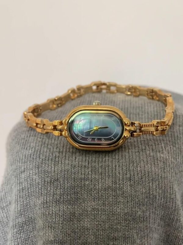 Minimalist Beige/Blue Oval Face Gold Bracelet Watch