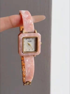 Dainty Pink Bracelet Watch for Women Square Face Pink Acrylic Watch