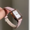 Dainty Pink Leather Strap Ladies Watch Classic Rectangle Face Roman Numeral Watch for Women