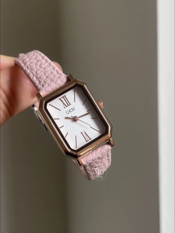Dainty Pink Leather Strap Ladies Watch Classic Rectangle Face Roman Numeral Watch for Women