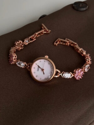 Dainty Pink Zircon Cherry Blossom Gold Round Face Watch