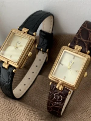 Vintage Style Brown/Black Rectangle Leather Wristwatch