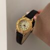 Vintage Style Gold Round Face Black Leather Watch