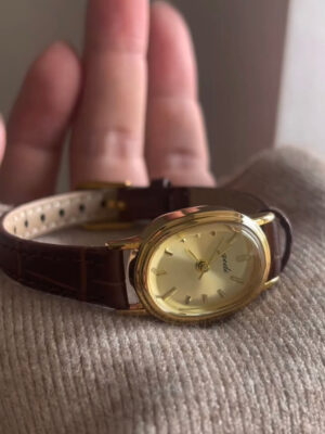Vintage Oval Gold/Silver Face Black/Brown Leather Watch