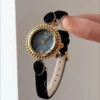 Retro Blue Mother of Pearl Dial Watch for Women Black Leather Strap Ladies Watch