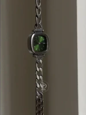 Emerald Green Dial Ladies Watch Minimalist Silver Square Face Watch for Women
