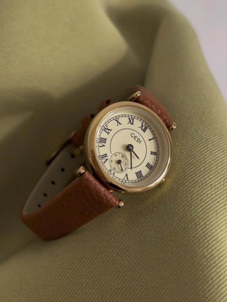 Gold Round Face Black/Grey/Orange Leather Watch