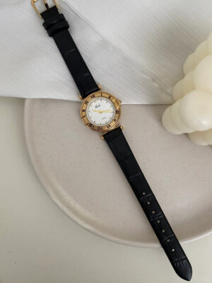 Vintage Gold Round White Face Black Leather Watch