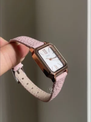 Dainty Pink Leather Strap Ladies Watch Classic Rectangle Face Roman Numeral Watch for Women