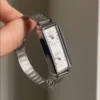 Elegant Dual-Time Rectangular Watch for Women Silver Mesh Band Watch