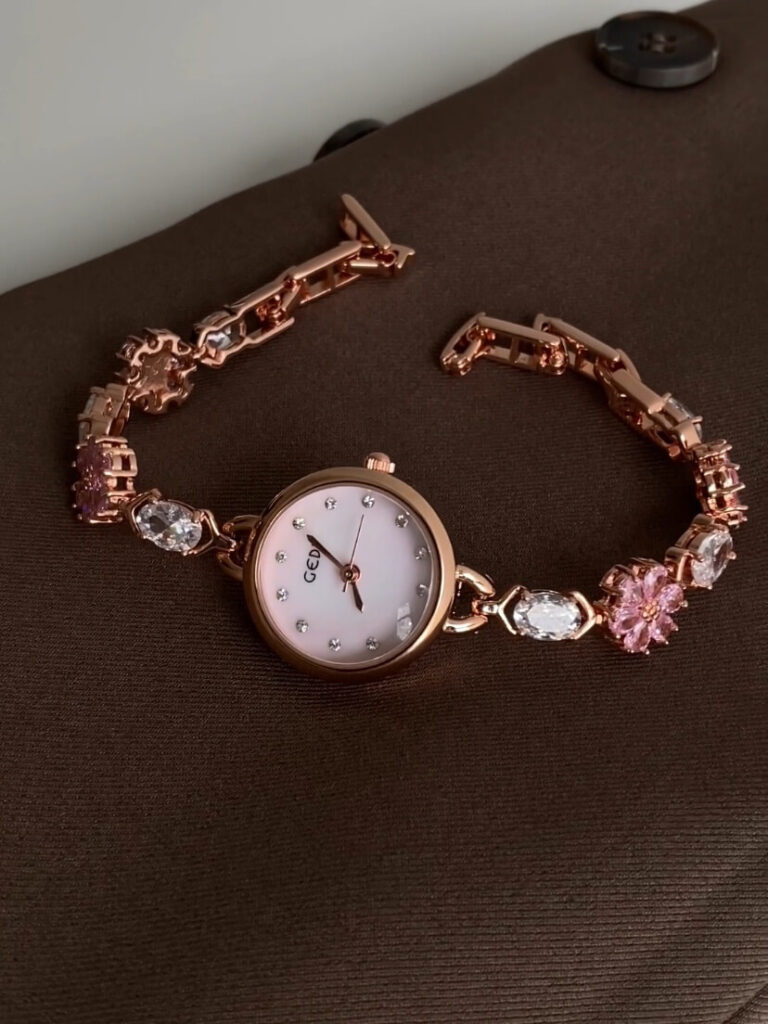 Dainty Pink Zircon Cherry Blossom Gold Round Face Watch